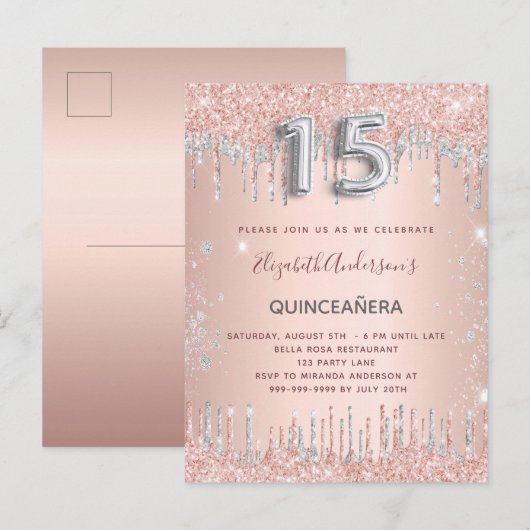 Quinceanera roos gouden zilveren druppels uitnodiging briefkaart (Voorkant / Achterkant)