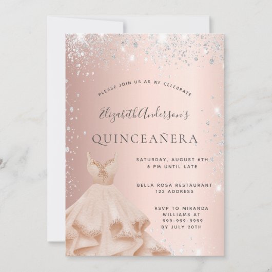 Quinceanera roos gouden zilveren jurk kaart (Voorkant)