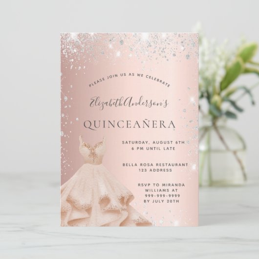 Quinceanera roos gouden zilveren jurk kaart (Staand voorkant)
