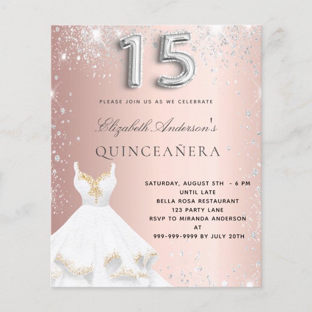 Quinceanera roos gouden zilveren jurk uitnodiging (Voorkant)