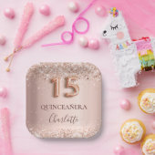 Quinceanera roos gouden zwarte glitter drift naam papieren bordje (Feest)