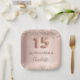 Quinceanera roos gouden zwarte glitter drift naam papieren bordje