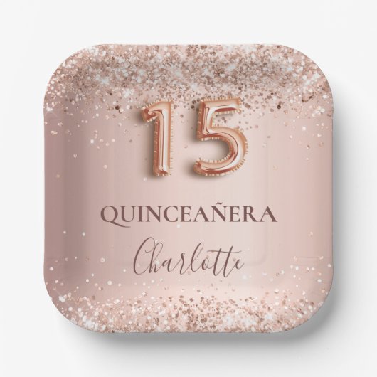 Quinceanera roos gouden zwarte glitter drift naam papieren bordje (Voorkant)