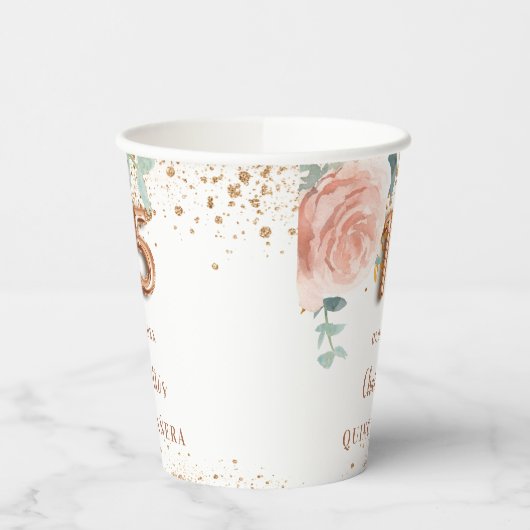Quinceanera roos goudfloralen glitter monogram papieren bekers (Links)