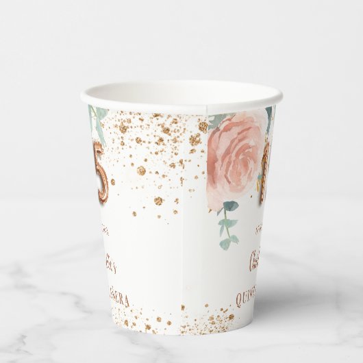 Quinceanera roos goudfloralen glitter monogram papieren bekers (Rechts)