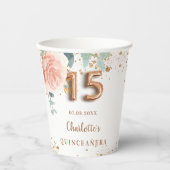 Quinceanera roos goudfloralen glitter monogram papieren bekers (Voorkant)