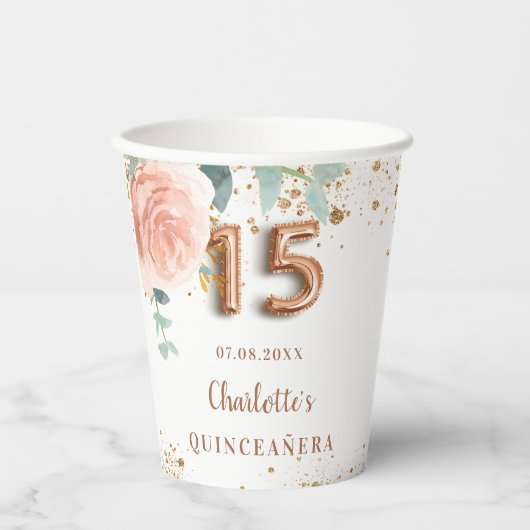 Quinceanera roos goudfloralen glitter monogram papieren bekers (Voorkant)
