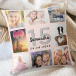 Quinceanera roos goudfotocollage kussen<br><div class="desc">Een unieke gave voor de Quinceañera van een meisje, 15e verjaardag, die haar leven viert met een collage van 8 van je eigen foto's, afbeeldingen. Geef haar naam, leeftijd 15 jaar en datum een persoonlijk tintje. Een gouden achtergrond van een klein roos. De naam wordt geschreven met een modern handgeschreven...</div>