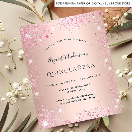 Quinceanera roos goudglitter budget uitnodiging flyer