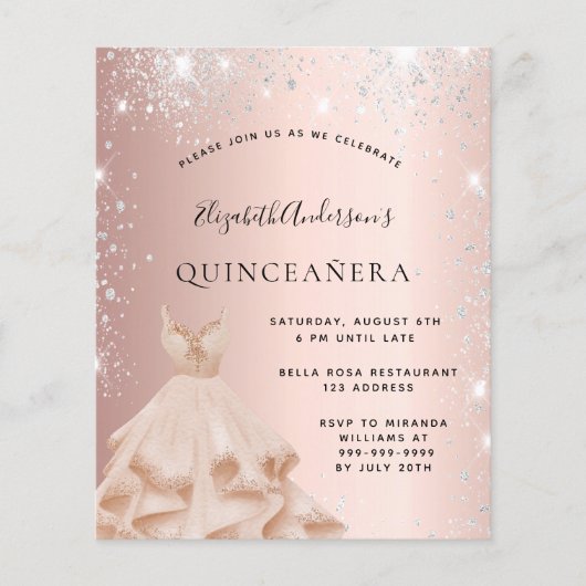 Quinceanera roos goudglitter budget uitnodiging flyer (Voorkant)