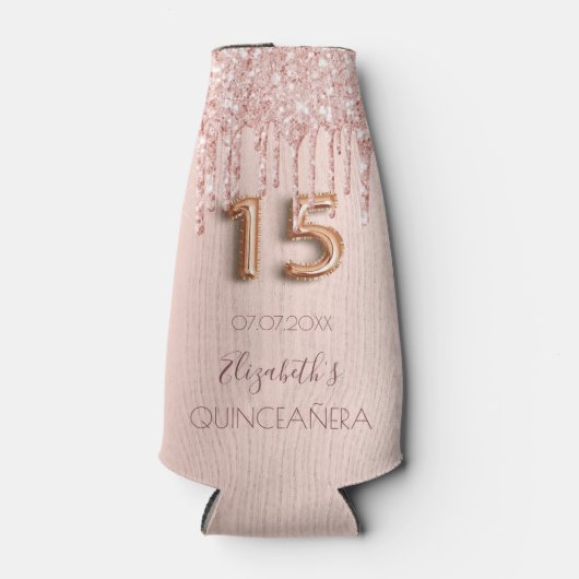 Quinceanera roos goudglitter druppelt monogram flesjeskoeler (Voorkant)