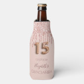 Quinceanera roos goudglitter druppelt monogram flesjeskoeler (Fles Voorkant)