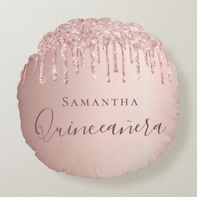 Quinceanera roos goudglitter druppelt monogram rond kussen (Voorkant)