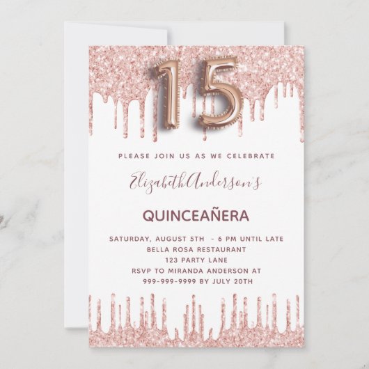 Quinceanera roos goudglitter druppelt roze kaart (Voorkant)