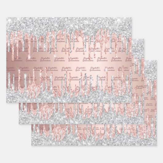 Quinceanera roos goudglitter druppelt roze zilver inpakpapier vel (Set)