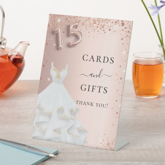 Quinceanera roos goudglitter-kledingkaartjes cadea reclamebord met voetstuk (Insitu)