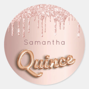 Quinceanera roos goudglitter kweepmonogram ronde sticker