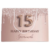 Quinceanera roos goudglitter roze ballonstijl groot cadeauzakje (Voorkant)