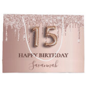 Quinceanera roos goudglitter roze ballonstijl groot cadeauzakje (Achterkant)