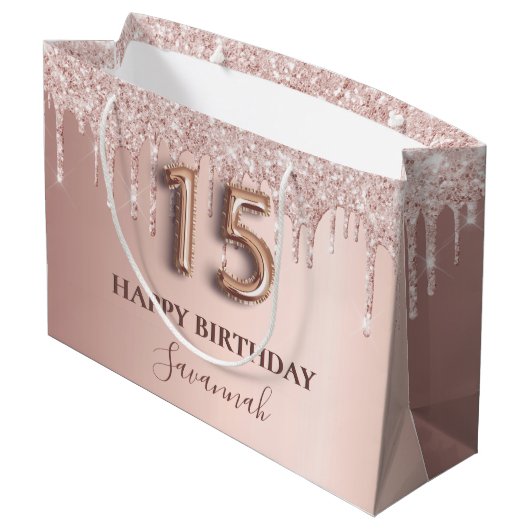 Quinceanera roos goudglitter roze ballonstijl groot cadeauzakje (Achterkant Gekanteld)