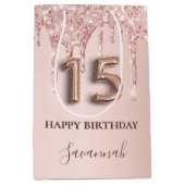 Quinceanera roos goudglitter roze ballonstijl medium cadeauzakje (Voorkant)