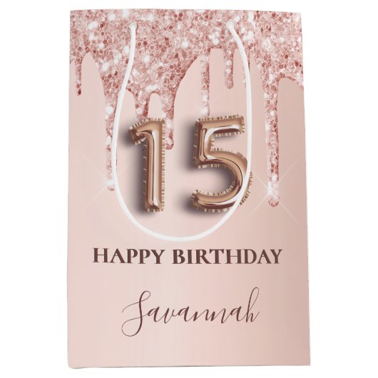 Quinceanera roos goudglitter roze ballonstijl medium cadeauzakje (Voorkant)