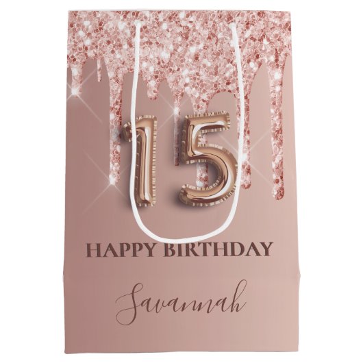 Quinceanera roos goudglitter roze ballonstijl medium cadeauzakje (Achterkant)