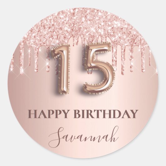 Quinceanera roos goudglitter roze ballonstijl ronde sticker (Voorkant)