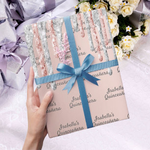 Quinceanera roos goudglitter zilversparren cadeaupapier