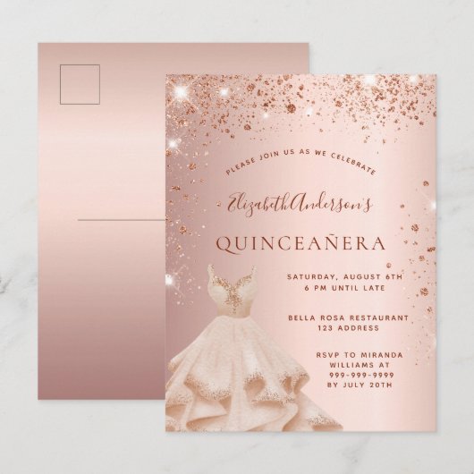 Quinceanera roos goudglitterjurk uitnodiging briefkaart (Voorkant / Achterkant)