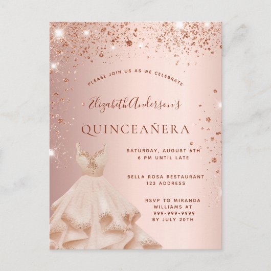 Quinceanera roos goudglitterjurk uitnodiging briefkaart (Voorkant)