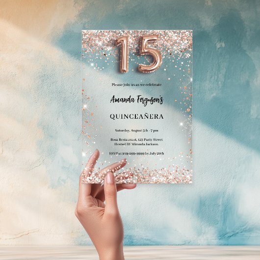 Quinceanera roos goudkleurig feest acryl uitnodigingen