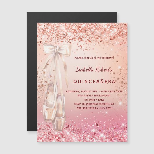 Quinceanera roos goudroze ballerina luxe magnetische uitnodiging (Voorkant / Achterkant)