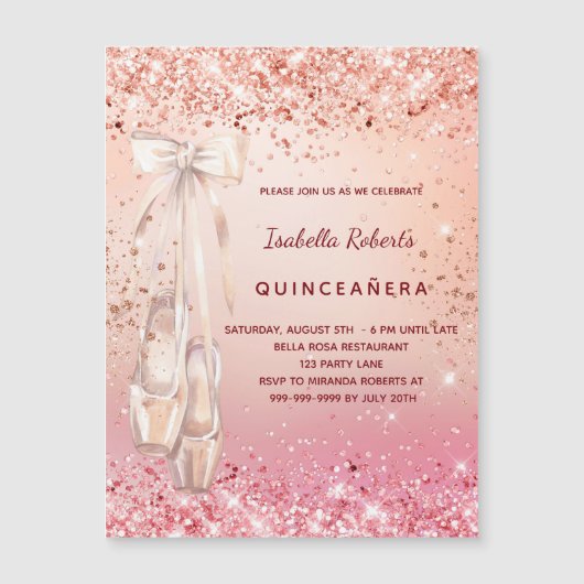Quinceanera roos goudroze ballerina luxe magnetische uitnodiging (Voorkant)