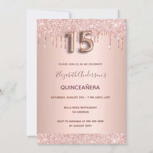 Quinceanera roos goudroze druppels kaart (Voorkant)