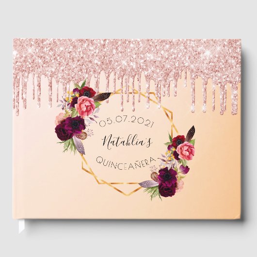Quinceanera roos goudroze florale gistdruppels gastenboek (Voorkant)