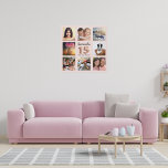 Quinceanera roos goudroze fotocollage imitatie canvas print<br><div class="desc">Een unieke gave voor de Quinceañera van een meisje, 15e verjaardag, die haar leven viert met een collage van 8 van je eigen foto's, afbeeldingen. Pas haar naam en een datum aan en voeg deze toe. Een roos goudkleurige, wazige roze achtergrond. De naam wordt geschreven met een modern handgeschreven stijlmanuscript,...</div>