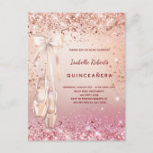 Quinceanera roos goudroze glitter ballerina uitnodiging briefkaart (Voorkant)