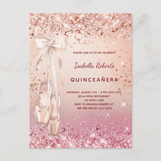 Quinceanera roos goudroze glitter ballerina uitnodiging briefkaart (Voorkant)