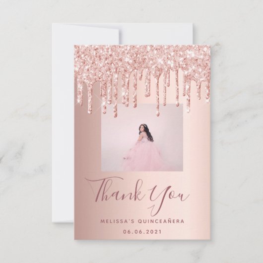 Quinceanera roos goudroze glitter bedankkaart (Voorkant)