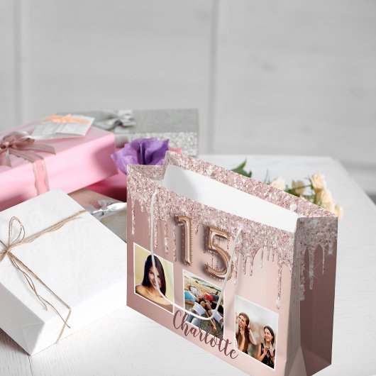 Quinceanera roos goudroze glitter fotomonogram groot cadeauzakje