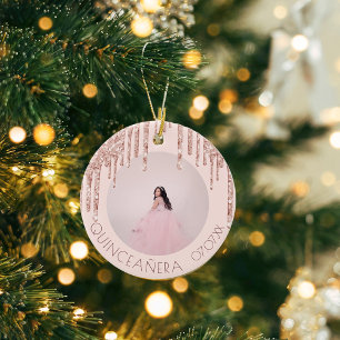 Quinceanera roos goudroze glitter keramisch ornament