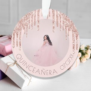 Quinceanera roos goudroze glitter ornament