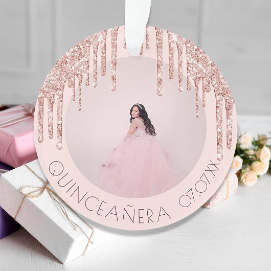 Quinceanera roos goudroze glitter ornament