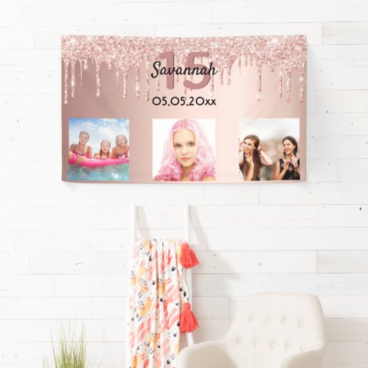 Quinceanera roos goudroze glitter spandoek (Insitu)