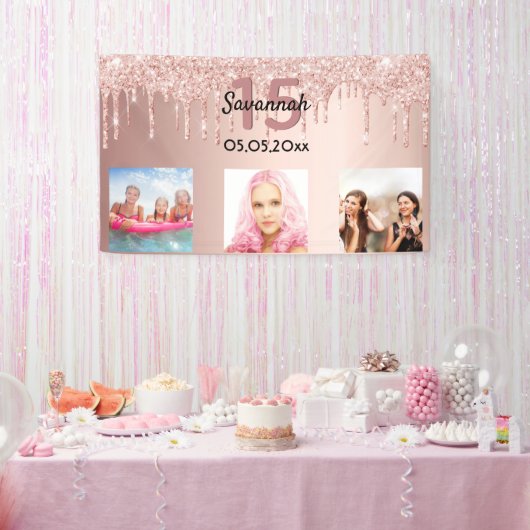 Quinceanera roos goudroze glitter spandoek (Feest)