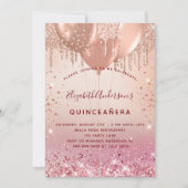 Quinceanera roos goudroze glitterballonglansglanze kaart (Voorkant)