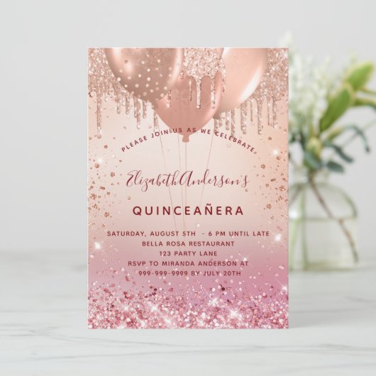 Quinceanera roos goudroze glitterballonglansglanze kaart (Staand voorkant)
