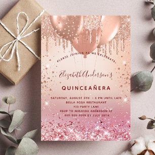 Quinceanera roos goudroze glitterballonglansglanze kaart