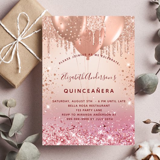 Quinceanera roos goudroze glitterballonglansglanze kaart